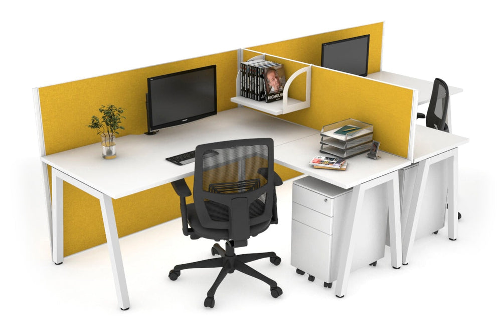 Quadro A Legs 2 Person Corner Workstation - T Configuration [1800L x 1800W with Cable Scallop]-white leg white mustard yellow