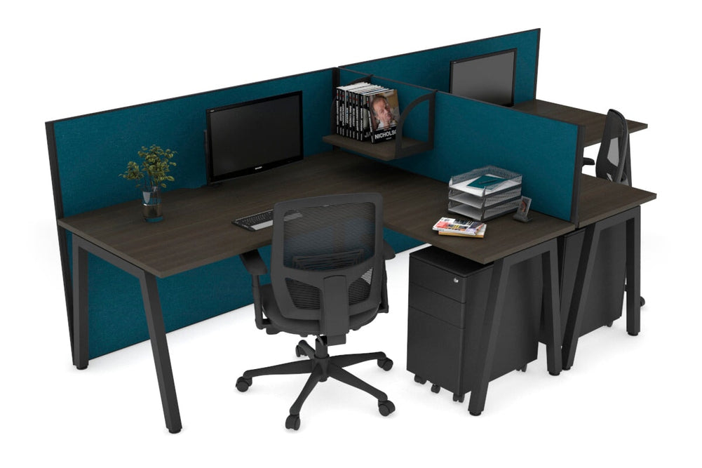 Quadro A Legs 2 Person Corner Workstation - T Configuration [1800L x 1800W with Cable Scallop]-black leg dark oak deep blue