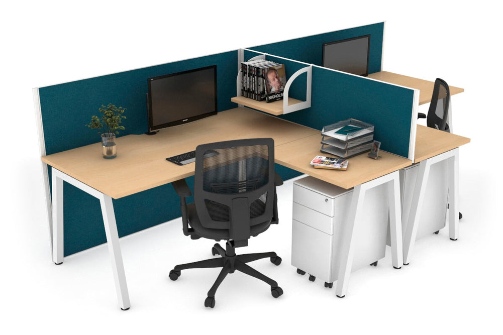 Quadro A Legs 2 Person Corner Workstation - T Configuration [1800L x 1800W with Cable Scallop]-white leg maple deep blue