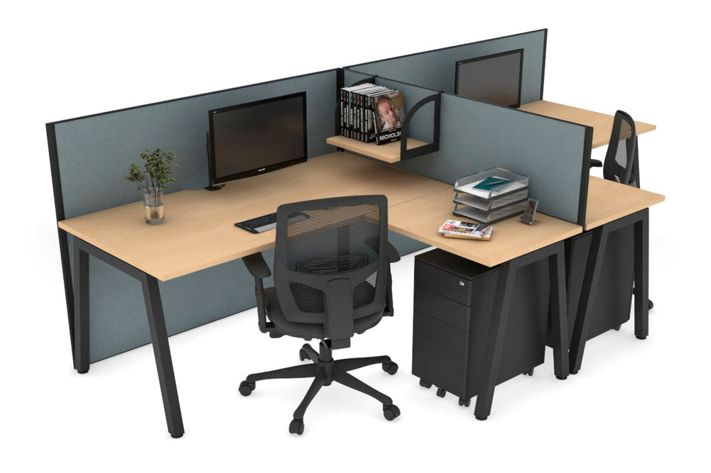 Quadro A Legs 2 Person Corner Workstation - T Configuration [1800L x 1800W with Cable Scallop]-black leg maple cool grey
