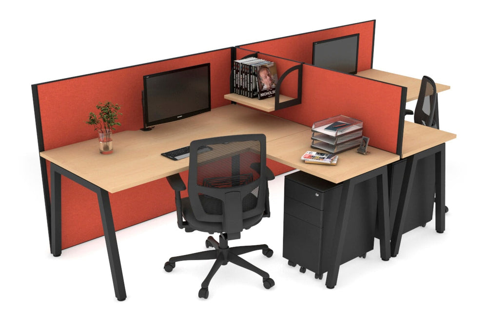 Quadro A Legs 2 Person Corner Workstation - T Configuration [1800L x 1800W with Cable Scallop]-black leg maple squash orange