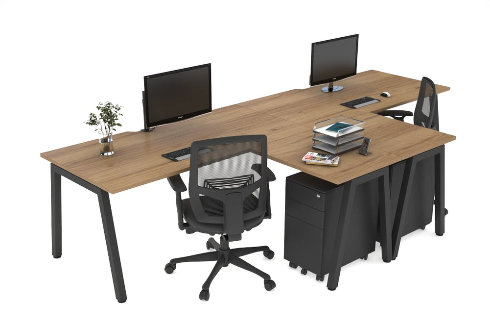 Quadro A Legs 2 Person Corner Workstation - T Configuration [1800L x 1800W with Cable Scallop]-black leg salvage oak none