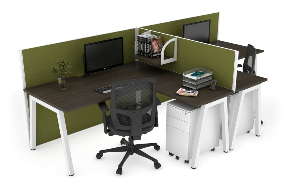 Quadro A Legs 2 Person Corner Workstation - T Configuration [1800L x 1800W with Cable Scallop]-white leg dark oak green moss