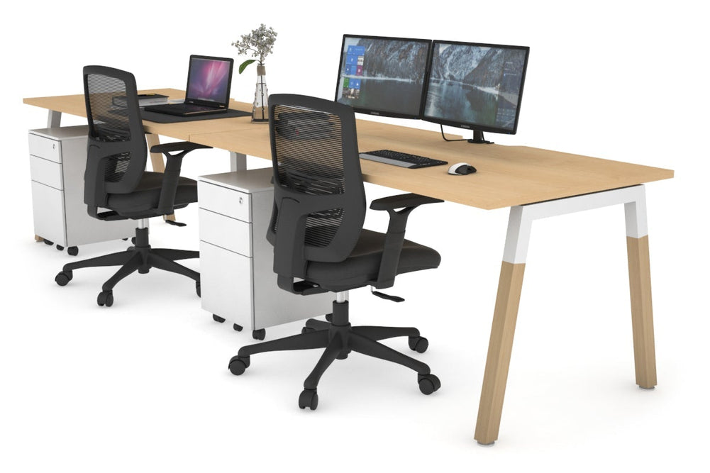 Quadro A Legs 2 Person Run Office Workstation - Wood Legs Cross Beam [1200L x  800W with Cable Scallop]-white leg maple 
