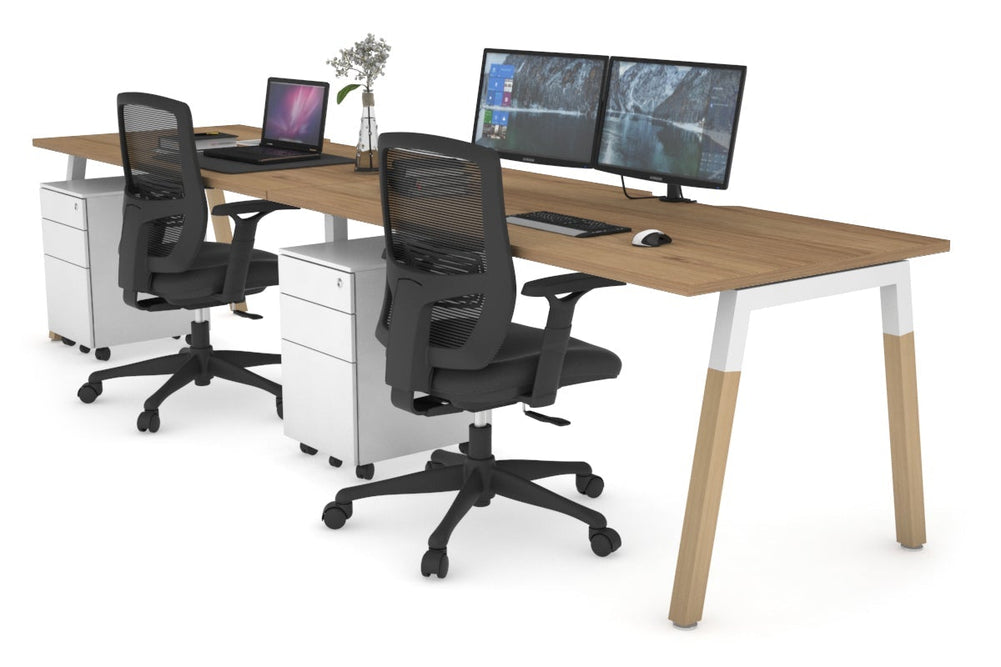 Quadro A Legs 2 Person Run Office Workstation - Wood Legs Cross Beam [1200L x  800W with Cable Scallop]-white leg salvage oak 