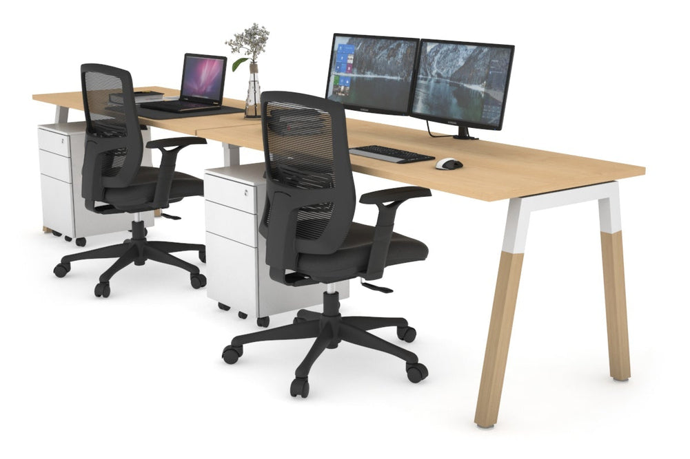 Quadro A Legs 2 Person Run Office Workstation - Wood Legs Cross Beam [1400L x 700W]-white leg maple 
