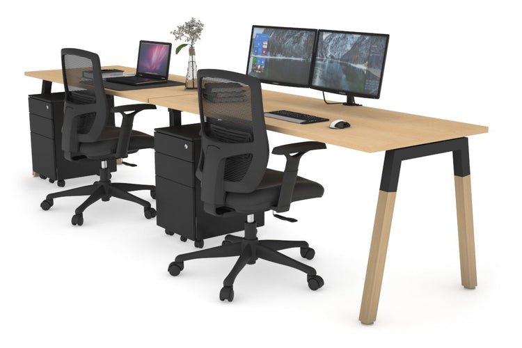 Quadro A Leg 2 Person Run Office Workstations - Wood Leg Cross Beam [1400L x 700W] Jasonl black leg maple 
