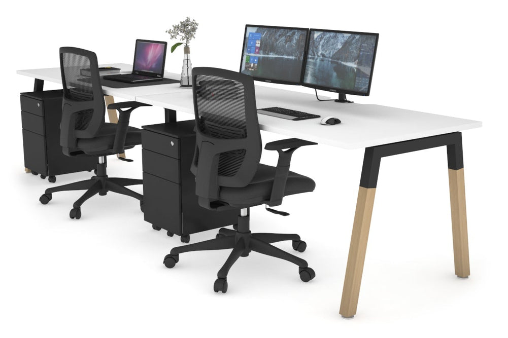 Quadro A Legs 2 Person Run Office Workstation - Wood Legs Cross Beam [1400L x  800W with Cable Scallop]-black leg white 