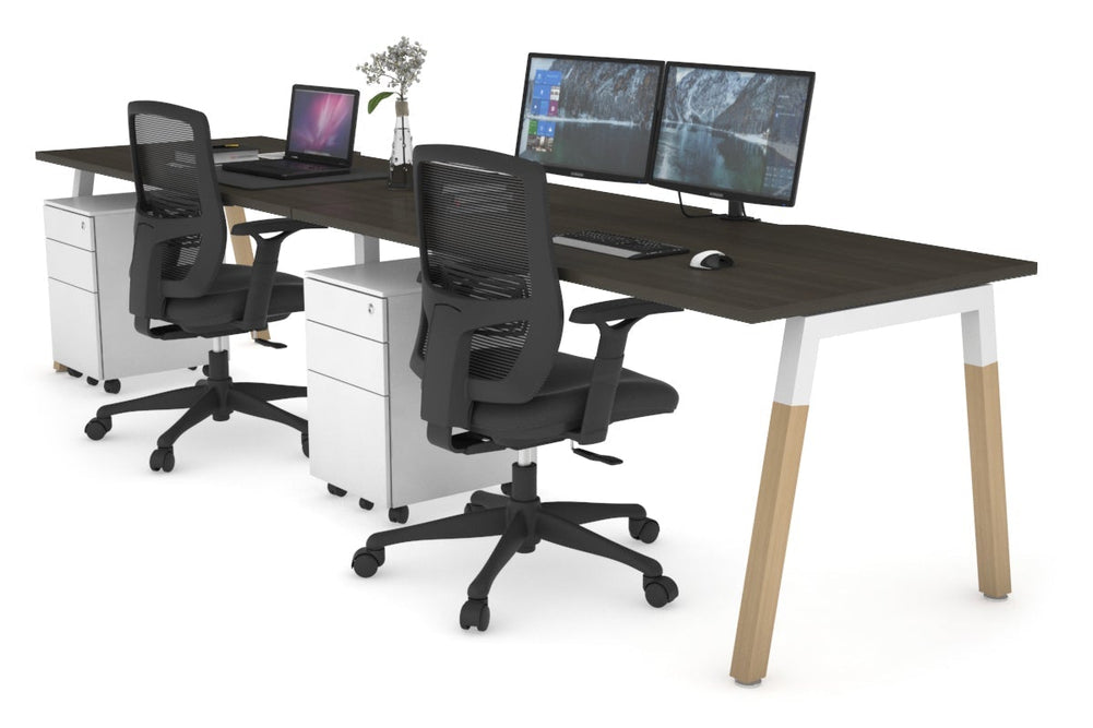 Quadro A Legs 2 Person Run Office Workstation - Wood Legs Cross Beam [1400L x  800W with Cable Scallop]-white leg dark oak 