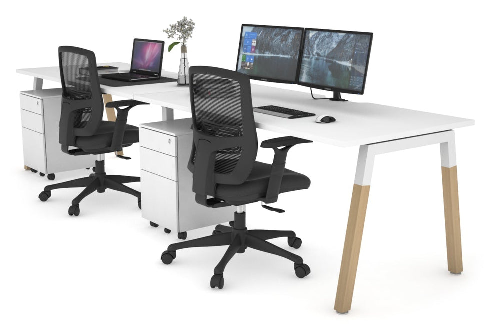 Quadro A Legs 2 Person Run Office Workstation - Wood Legs Cross Beam [1400L x  800W with Cable Scallop]-white leg white 