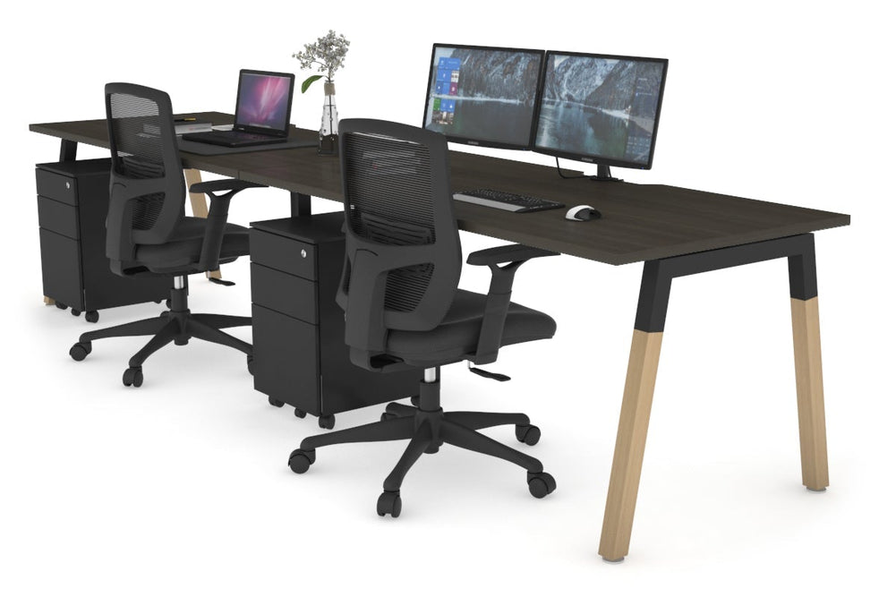 Quadro A Legs 2 Person Run Office Workstation - Wood Legs Cross Beam [1400L x  800W with Cable Scallop]-black leg dark oak 