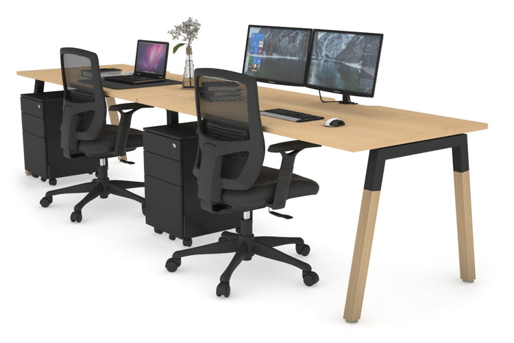 Quadro A Leg 2 Person Run Office Workstations - Wood Leg Cross Beam [1400L x 800W with Cable Scallop] Jasonl black leg maple 