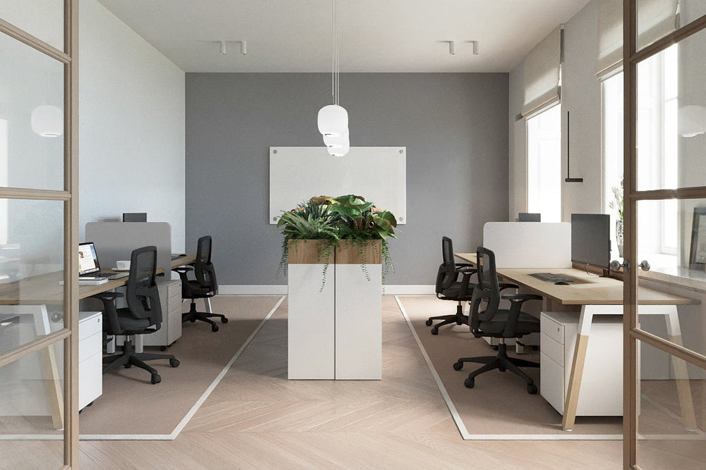 Quadro A Legs 2 Person Run Office Workstation - Wood Legs Cross Beam [1400L x  800W with Cable Scallop]-black leg dark oak 