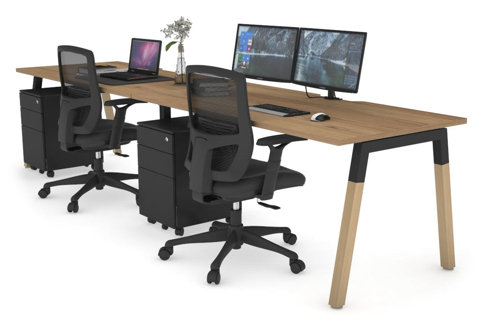Quadro A Legs 2 Person Run Office Workstation - Wood Legs Cross Beam [1400L x  800W with Cable Scallop]-black leg salvage oak 