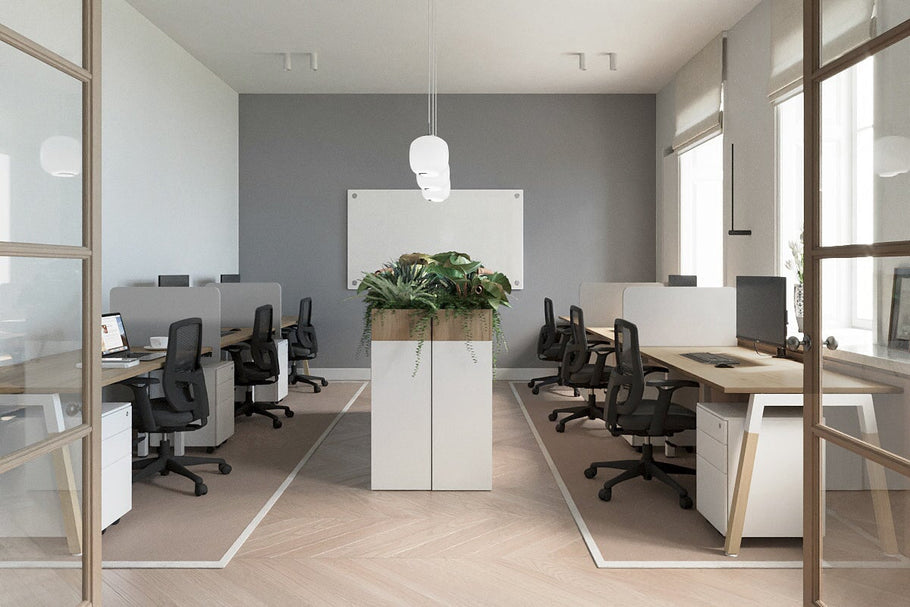 Environmental image of Quadro A Legs 3 Person Run Office Workstation - Wood Legs Cross Beam [1200L x 700W]