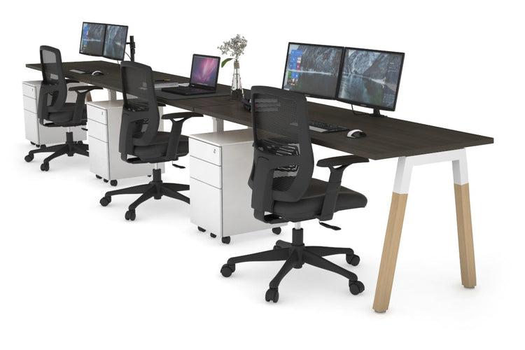 Quadro A Leg 3 Person Run Office Workstations - Wood Leg Cross Beam [1200L x 700W] Jasonl white leg dark oak 