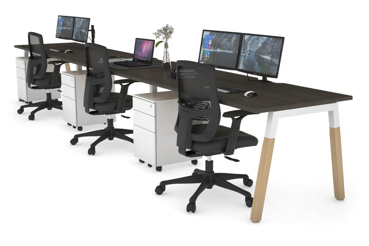 Quadro A Leg 3 Person Run Office Workstations - Wood Leg Cross Beam [1200L x 800W with Cable Scallop] Jasonl white leg dark oak 