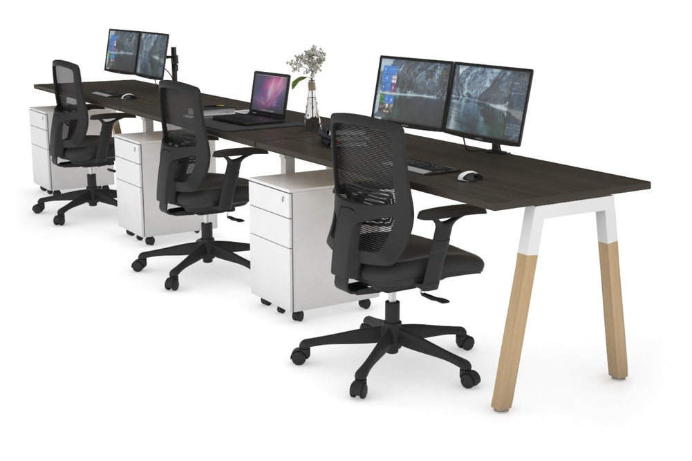 Quadro A Legs 3 Person Run Office Workstation - Wood Legs Cross Beam [1400L x 700W]-white leg dark oak 