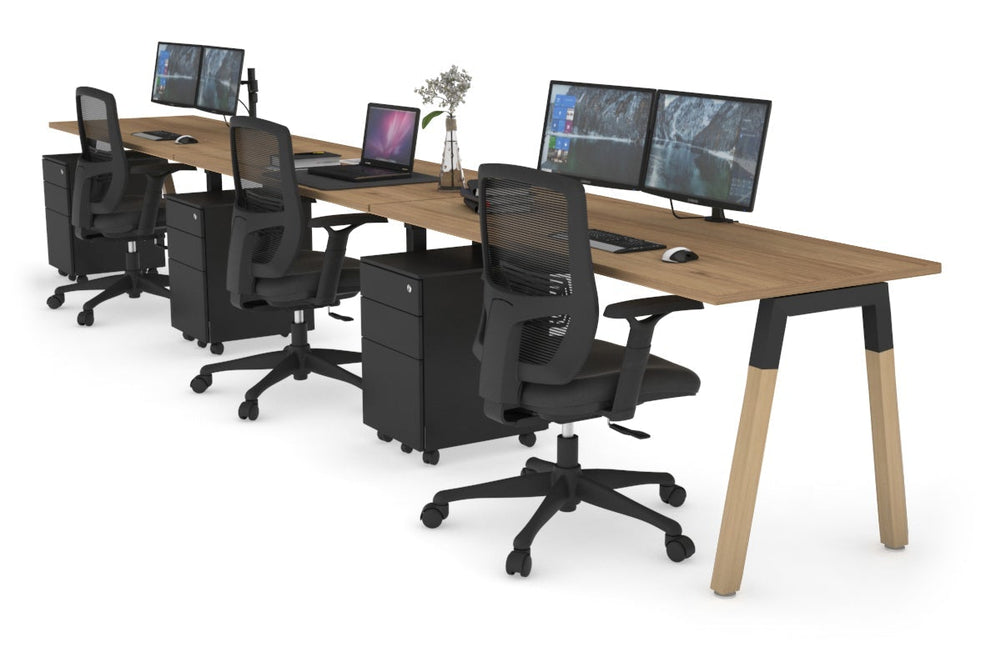 Quadro A Legs 3 Person Run Office Workstation - Wood Legs Cross Beam [1400L x 700W]-black leg salvage oak 