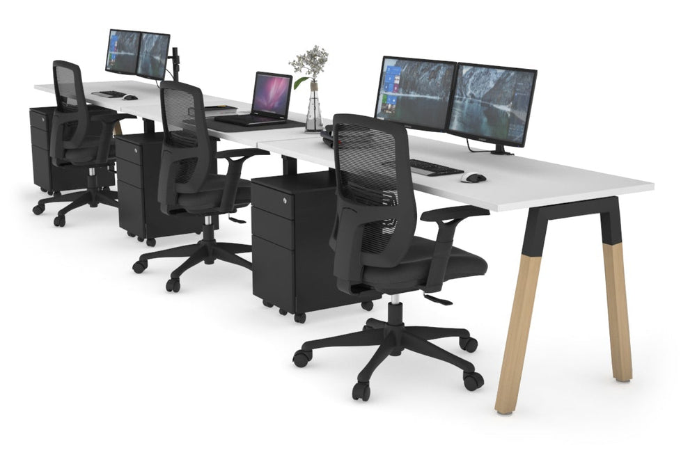 Quadro A Legs 3 Person Run Office Workstation - Wood Legs Cross Beam [1400L x 700W]-black leg white 
