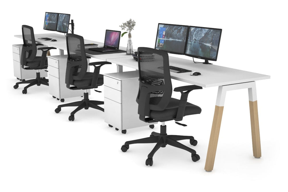 Quadro A Legs 3 Person Run Office Workstation - Wood Legs Cross Beam [1400L x 700W]-white leg white 
