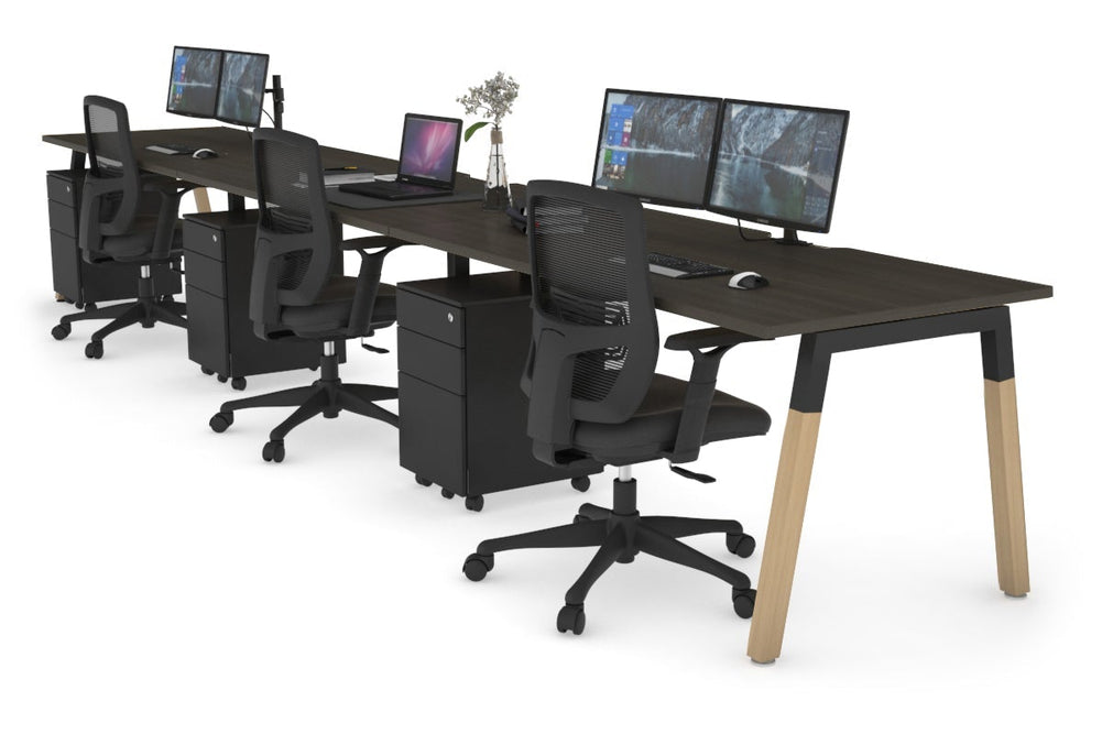 Quadro A Legs 3 Person Run Office Workstation - Wood Legs Cross Beam [1400L x 800W with Cable Scallop]-black leg dark oak 