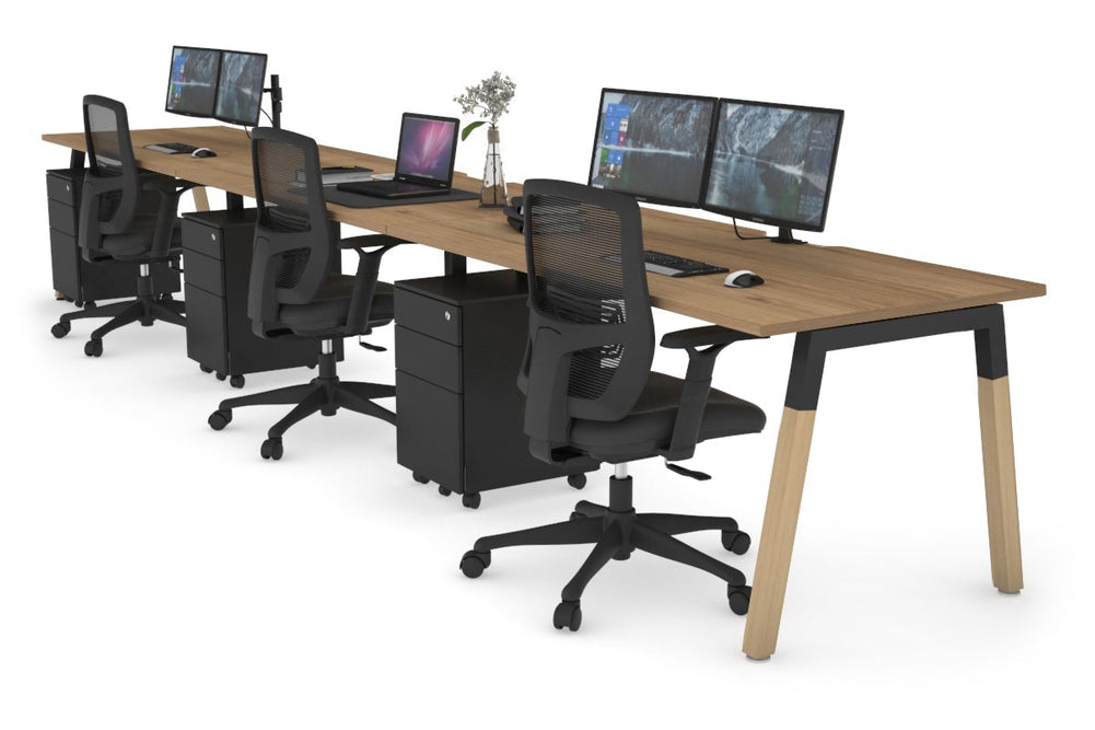 Quadro A Legs 3 Person Run Office Workstation - Wood Legs Cross Beam [1400L x 800W with Cable Scallop]-black leg salvage oak 