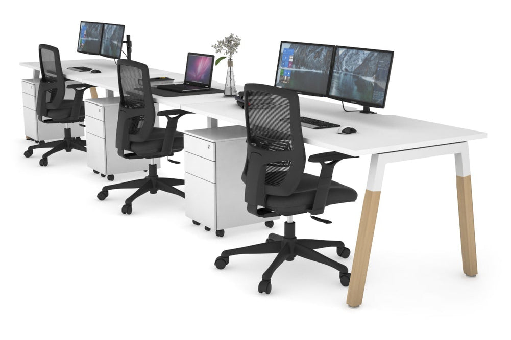 Quadro A Legs 3 Person Run Office Workstation - Wood Legs Cross Beam [1400L x 800W with Cable Scallop]-white leg white 