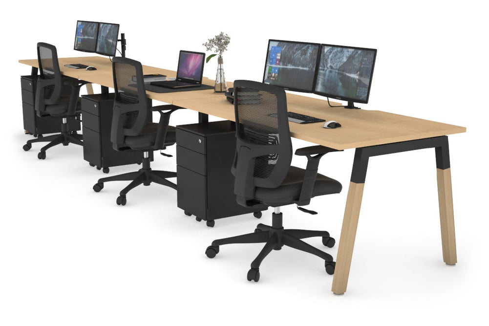 Quadro A Legs 3 Person Run Office Workstation - Wood Legs Cross Beam [1400L x 800W with Cable Scallop]-black leg maple 