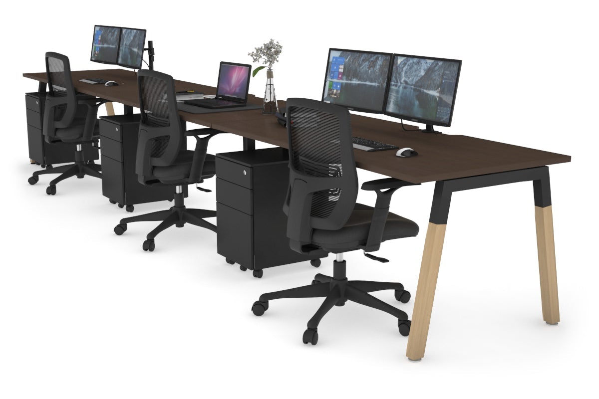 Quadro A Leg 3 Person Run Office Workstations - Wood Leg Cross Beam [1400L x 800W with Cable Scallop] Jasonl black leg wenge 