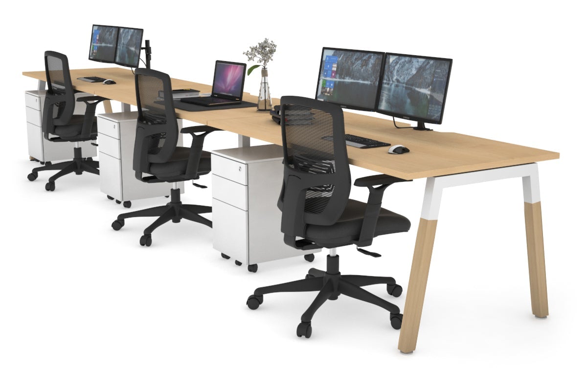 Quadro A Leg 3 Person Run Office Workstations - Wood Leg Cross Beam [1400L x 800W with Cable Scallop] Jasonl white leg maple 