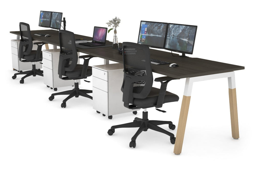 Quadro A Legs 3 Person Run Office Workstation - Wood Legs Cross Beam [1400L x 800W with Cable Scallop]-white leg dark oak 