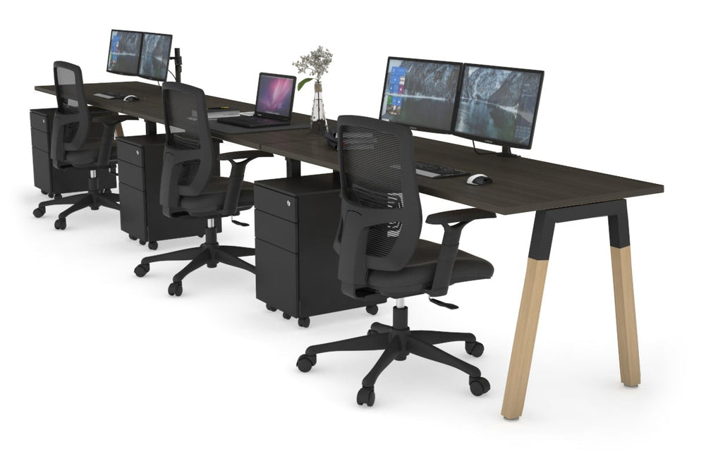 Quadro A Legs 3 Person Run Office Workstation - Wood Legs Cross Beam [1600L x 700W]-black leg dark oak 