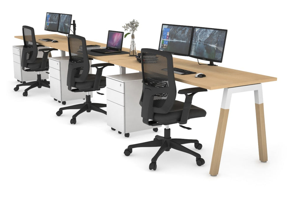 Quadro A Legs 3 Person Run Office Workstation - Wood Legs Cross Beam [1600L x 700W]-white leg maple 
