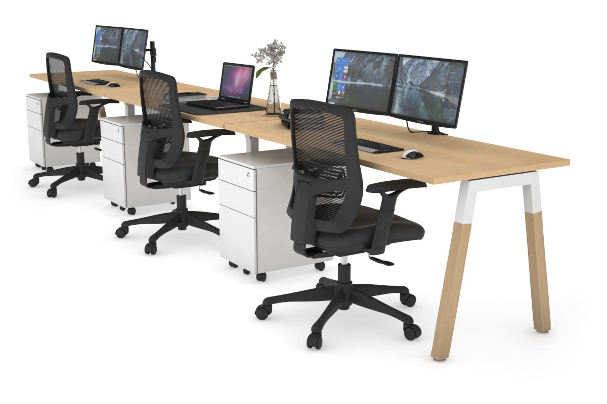 Quadro A Leg 3 Person Run Office Workstations - Wood Leg Cross Beam [1600L x 700W] Jasonl white leg maple 