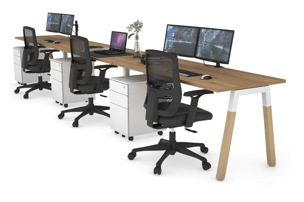 Quadro A Legs 3 Person Run Office Workstation - Wood Legs Cross Beam [1600L x 700W]-white leg salvage oak 