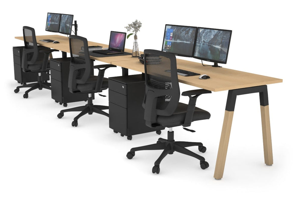 Quadro A Legs 3 Person Run Office Workstation - Wood Legs Cross Beam [1600L x 700W]-black leg maple 