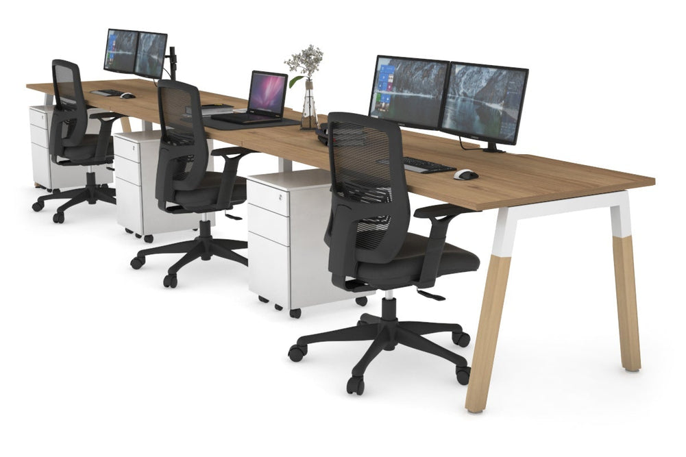 Quadro A Legs 3 Person Run Office Workstation - Wood Legs Cross Beam [1600L x 800W with Cable Scallop]-white leg salvage oak 