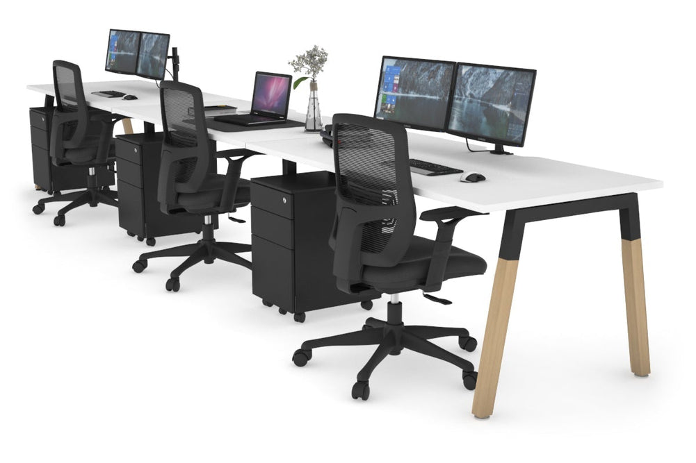 Quadro A Legs 3 Person Run Office Workstation - Wood Legs Cross Beam [1600L x 800W with Cable Scallop]-black leg white 