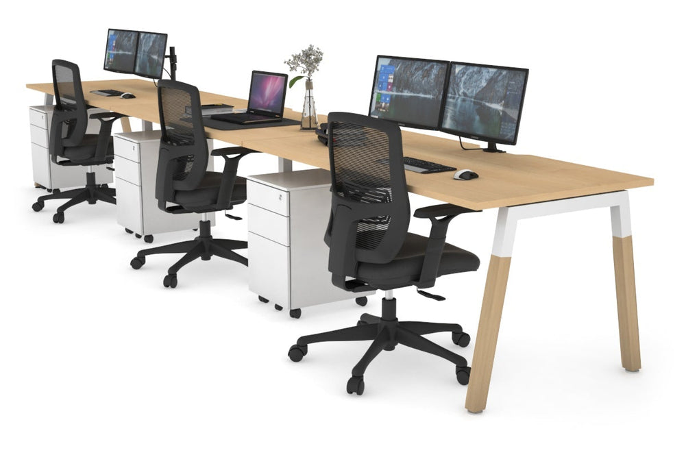 Quadro A Legs 3 Person Run Office Workstation - Wood Legs Cross Beam [1600L x 800W with Cable Scallop]-white leg maple 