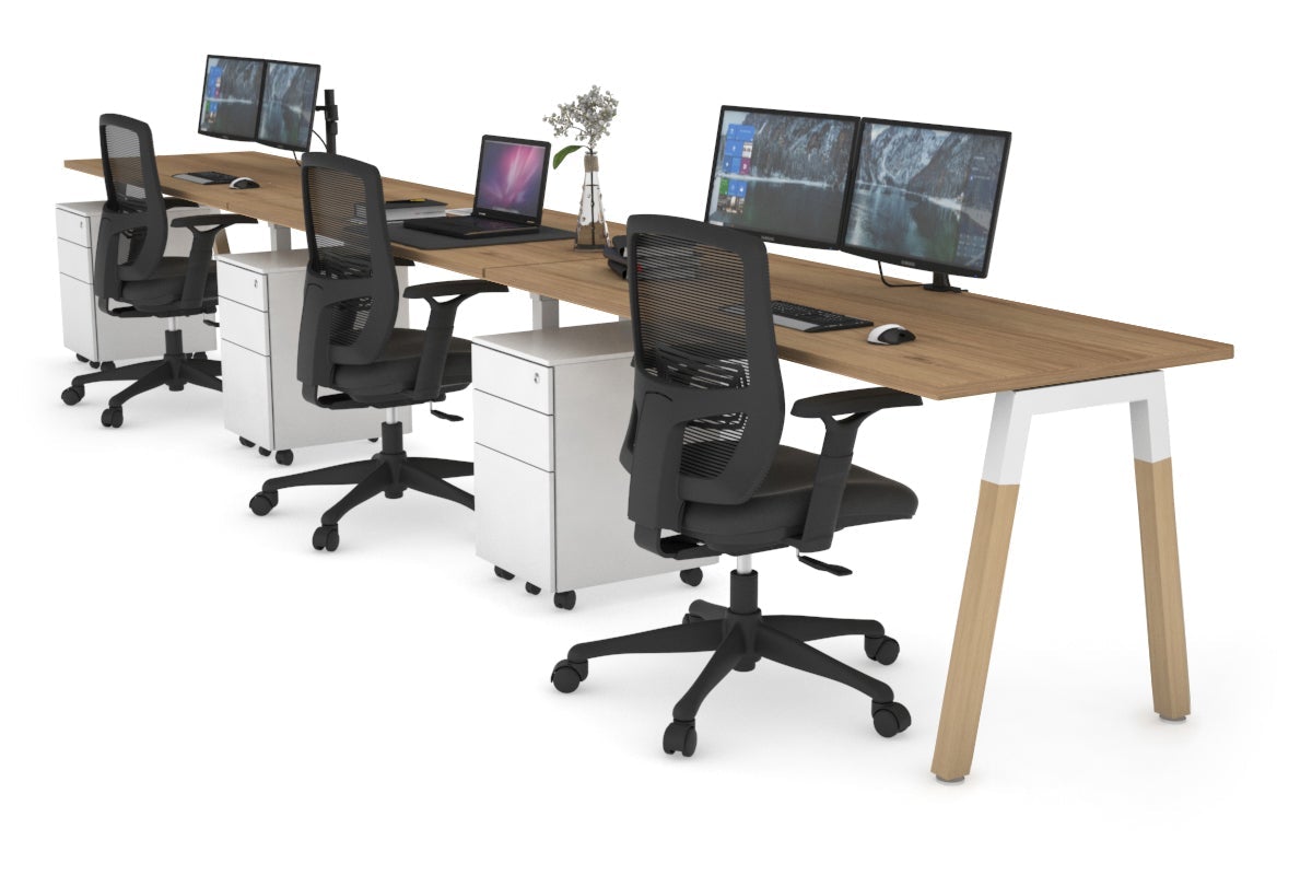 Quadro A Leg 3 Person Run Office Workstations - Wood Leg Cross Beam [1800L x 700W] Jasonl white leg salvage oak 