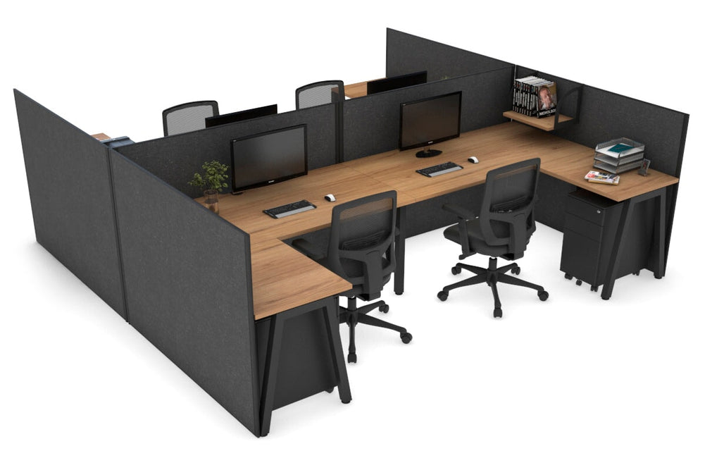 Quadro A Legs 4 Person Corner Workstation - H Configuration - Black Frame [1400L x 1800W with Cable Scallop]-salvage oak moody charcoal none