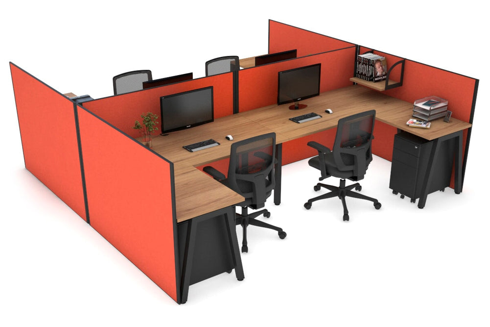 Quadro A Legs 4 Person Corner Workstation - H Configuration - Black Frame [1400L x 1800W with Cable Scallop]-salvage oak squash orange none