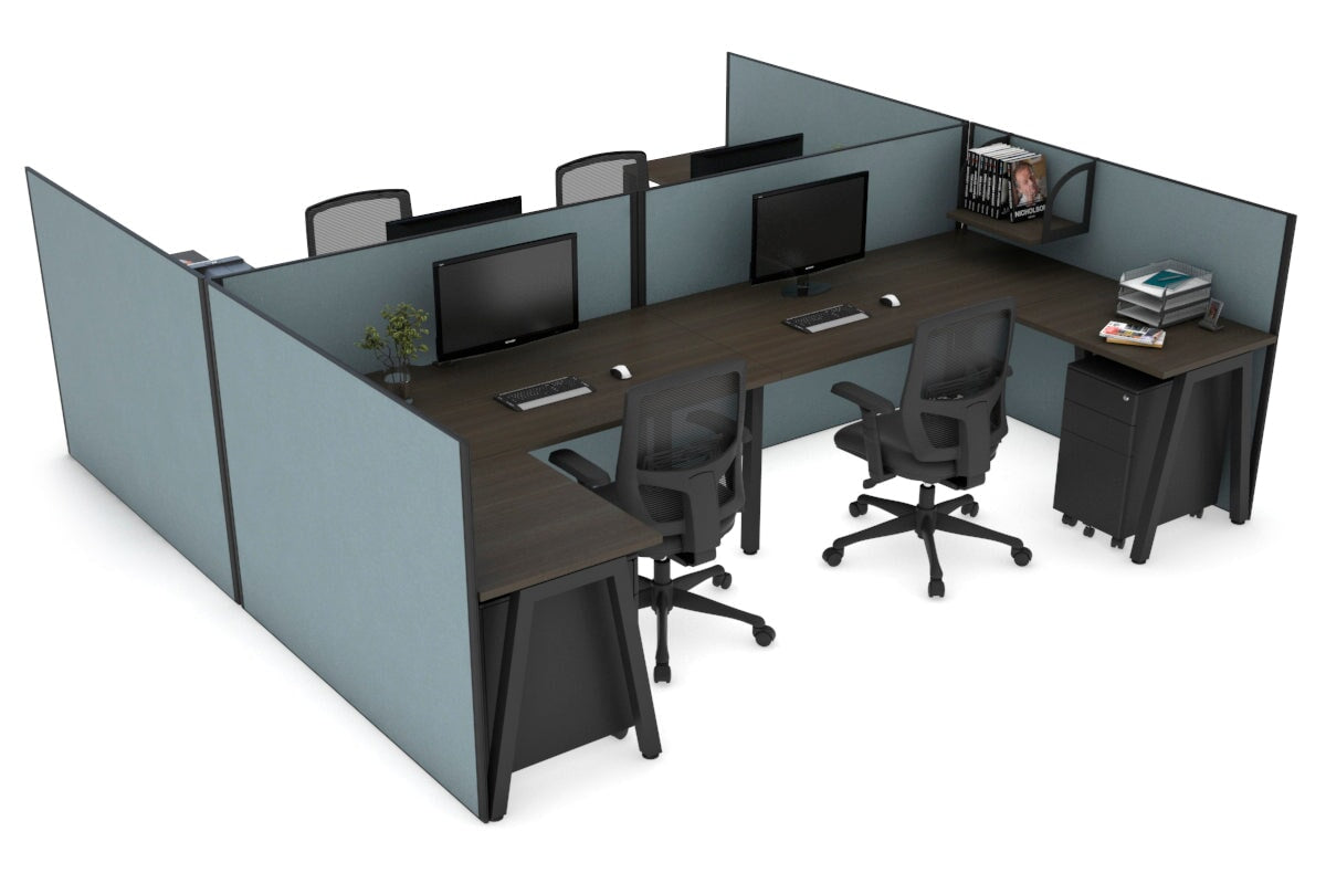 Quadro A leg 4 Person Corner Workstations - H Configuration - Black Frame [1400L x 1800W with Cable Scallop] Jasonl dark oak cool grey none