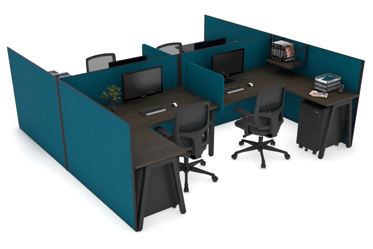 Quadro A leg 4 Person Corner Workstations - H Configuration - Black Frame [1400L x 1800W with Cable Scallop] Jasonl dark oak deep blue biscuit panel