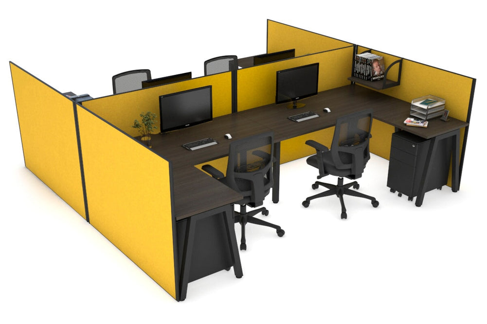 Quadro A Legs 4 Person Corner Workstation - H Configuration - Black Frame [1400L x 1800W with Cable Scallop]-dark oak mustard yellow none