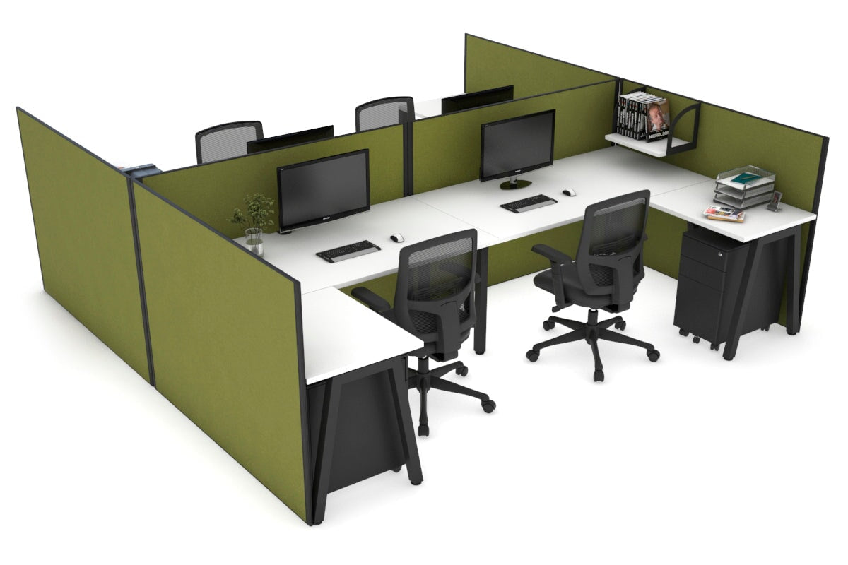 Quadro A leg 4 Person Corner Workstations - H Configuration - Black Frame [1400L x 1800W with Cable Scallop] Jasonl white green moss none