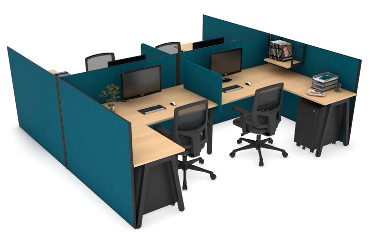 Quadro A leg 4 Person Corner Workstations - H Configuration - Black Frame [1400L x 1800W with Cable Scallop] Jasonl maple deep blue biscuit panel