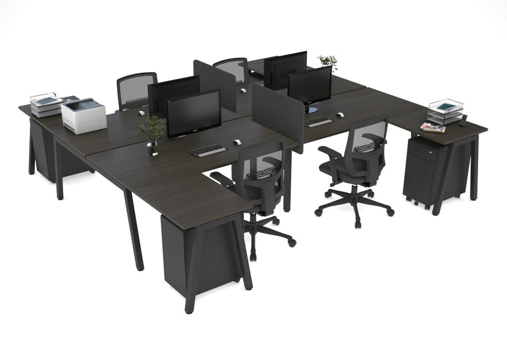 Quadro A Legs 4 Person Corner Workstation - H Configuration - Black Frame [1400L x 1800W with Cable Scallop]-dark oak none biscuit panel