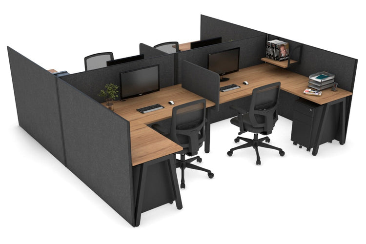 Quadro A leg 4 Person Corner Workstations - H Configuration - Black Frame [1400L x 1800W with Cable Scallop] Jasonl salvage oak moody charchoal biscuit panel